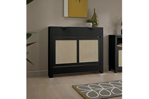 DuraTherm® Radiator Cover Black Painted & Rattan MDF Cabinet Horizontal Slat Storage Drawers & Shelf, Radiator Cabinets for Office Hallway Living Room Bedroom, Medium (H: 111.5cm / W: 96cm / D: 19cm)