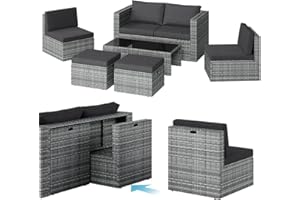 STEELSØN Polyrattan Gartenlounge Noctura, Outdoor Sitzgruppe 6-teilig, Gartenmöbel Set mit Sofa, Sessel, Hocker, Tisch, Sitzecke für bis zu 6 Personen, wetterfest, grau-meliert/anthrazit