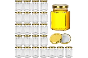 Yishik 3 oz Hexagonal Glass Jars with Gold Lids,24 Pack Jam Jars Small Glass Canning Jar for Honey,Spices,Fruits Nuts,Baby Foods,Candy,Party Favors or Art Crafts