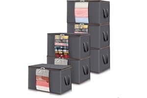 Lifewit Lot de 6 Sac Rangement Vetement 60L, Boite Rangement Déménagement Bac de Rangement pour Vêtements, Couvertures, Couettes, Caisse rangement Pliable avec Poignée Renforcée, Gris