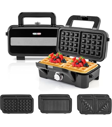 Gaufrier 3 En 1 Baker's Friend - Plaques Amovibles Pour Gaufres, Paninis Et Grill - Antiadhésif, Acier Inoxydable, Finition Aqua