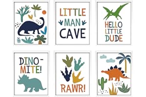 ArtbyHannah 10x8 Inch Dinosaur Picture Frames, White Photo Frames with Nursery Art Prints and Animal Posters for Kids Children Bedroom Decor, Home Decoration, Set of 6 Framed Wall Art