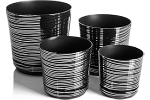 KORAD Übertöpfe satz 4 Stück Schwarz mit Streifen 16 cm, 18 cm, 21 cm, 26 cm - dekorative Übertöpfe in 4 der Größe von 16 cm, 18 cm, 21 cm, 26 cm für Blumen, Kräuter, Pflanzenkompositionen. OSL S4/173