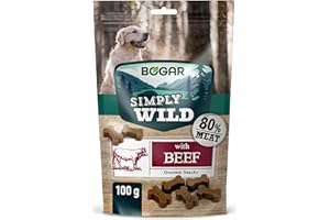 Bogar - Simply Wild - Snack per cani - Cibo per tutte le taglie di cane - Biscotti per cani a forma di osso - Integratori per animali - Gusto manzo - 100g
