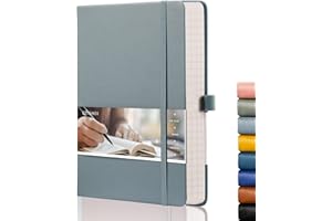 EMSHOI Graph Paper Notebook A5-21.4 x 14.5 cm Hardback Thick Journal with Sticky Notes, 256 Pages, 120gsm Squared Paper, Back Pocket, Vegan Leather Notepad for Graphing - GrayBlue