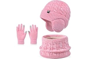 Enwokran Cappello Scaldacollo Guanti Set Invernale Bambini Sciarpa Guanti Berretto in Maglia Guanti Touch Screen Termici Cappello con Paraorecchie Calde per Sport All'aria Aperta 4-10 Anni