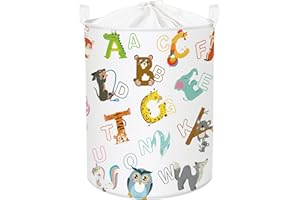 Clastyle 45L Cesta Indumenti Sporchi Bianco Alfabeto Animale per Bambini Cestino Portaoggetti Koala Orso Coniglio Giocattoli Tondo Pieghevole per Camera da Letto, 36x45 cm
