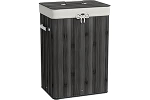 HOMCOM Cesto de Ropa Sucia Plegable con Tapa, Cesta Ropa Sucia de Bambú, 2 Compartimentos, Bolsa Extraíble, para Dormitorio, Baño, Lavandería, 40x30x60 cm, Gris Oscuro