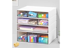 JOENCOST Desk Aufbewahrungsbox mit 9 Schubladen, 4 Lagen stapelbare Lagerung Schubladen für Schreibtisch Lagerung, Klare Veranstalter Anzug für Schreibwaren Make-up Schmuck Büro Craft Supplies(Weiß)
