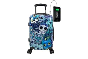 TOKYOTO Kabinentrolley Kinderkoffer Handgepäck Flugzeug für Mädchen Jungen Für Fans mexikanischer Totenköpfe Cartoons Hartschalenkoffer Kabinenkoffer 55x35x20 cm TSA-Schloss USB-Anschluss Blue Skulls