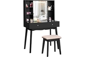 BEWISHOME Toaletka z oświetleniem, regulowana jasność, toaletka z przesuwanym lustrem, mała toaletka z taboretem, 2 szuflady, kolor czarny EFST15H