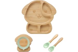 Coptiner Ventouse pour Nourrissons,Set de Vaisselle Bébé,Plateau avec Ventouse,Assiette Enfant,Plateau en Bambou avec Ventouse,Set de Sevrage pour Bébés à Partir de 3 MoisNon Glissant (Chiots)