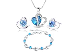 findout love heart jewellery set silver necklace silver earrings silver bracelets Amethyst red pink blue white Crystal Heart Silver pendant Necklace + stud earrings sets gift for women girls with jewellery box silver chain