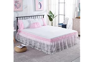 Surwin Pleated Bed Valance Sheet Single Double King Size Lace Embroidery Bed Base Wrap Extra Deep Frilled Fitted Valance Sheet Easy Care Bed Skirt Soft Breathable (Pink,100x200x40cm)