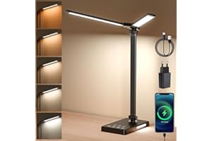 ARTINABS Lampe De Bureau Led Double Tête, Protection De Dimmable Yeux Lampe Bureau Enfant Lecture, 5 Niveaux De Luminosité & 5 Modes De Couleur Avec Port De Charge USB, Minuterie De 45 Minutes (Noir)