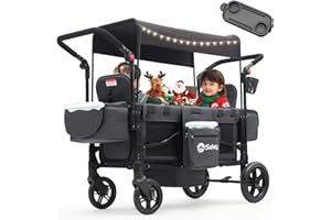 Sekey Bollerwagen Kinder Zwillingsmodus, Bollerwagen Faltbar mit Dach 2 Kinder, Duo Schiebegriff Kinderwagen Doppelsitz mit 2 integrierten 5-Punkt-Gurtsystem, Zwillingskinderwagen (Schwarz, Premium)