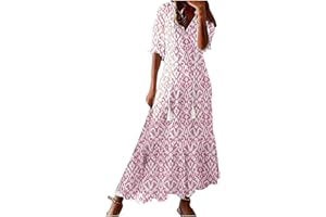 ZEIAYUAS Women's Summer Dress V Neck Boho Maxi Dresses Casual Half Sleeve Long Dress Bohemian Pleated Beach Dress Ladies Flowy Holiday Swing Loose Fit Dresses for Party Evening