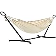 SONGMICS Hammock with Stand, 210 x 150 cm Hammock, 5 Adjustable Heights, Portable Hammock with Metal Frame, 240 kg Load Capacity, for Patio, Garden, Yard, Black Stand and Beige Hammock GHS001M01