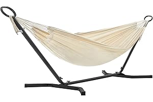 SONGMICS Hamaca con Soporte, Hamaca de 210 x 150 cm, 5 Alturas Ajustables, Portátil con Estructura de Metal, Carga de 240 kg, Patio, Jardín, Soporte Negro y Hamaca Beige GHS001M01