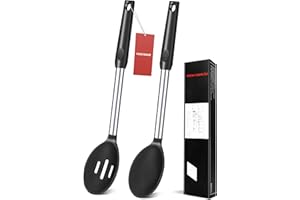 FEUVOIS Set d’ Ustensiles de Cuisine en Silicone, 2 Grandes Cuillere Silicone Cuisine et Cuillère Fendue Silicon, Antiadhésive Cuillère de Service Silicon pour Mélanger, Servir, Égoutter, Remuer