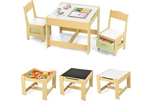 RELAX4LIFE 3 in 1 Tavolino e Sedie per Bambini in Legno, Tavolo con Piano Reversibile (Lavagna/Bianco), 2 Sedie con Cassetti, Tavolo Bambini con Sedie per Gioco/Studio (Na+Verde,62 x 62 x 48,5 cm)