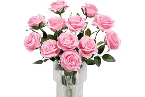Kisflower 12Pcs Roses Artificial Flowers Fake Silk Rose Flowers Realistic Single Stem Flower Bouquet for Wedding Party Office Home Decor (Pink)