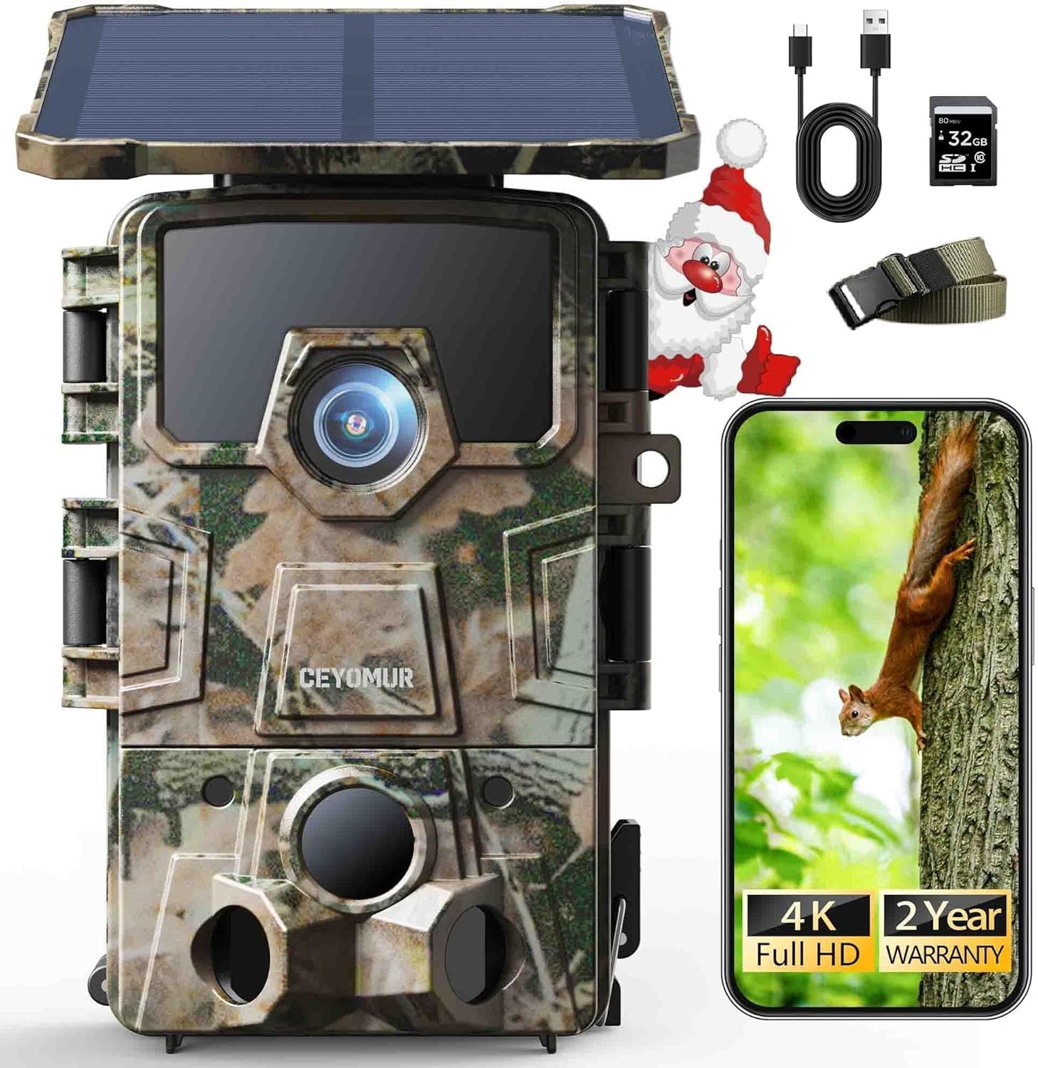 CEYOMUR 4K UHD Camara Fototrampeo Solar, WiFi 6 Cámara Caza Nocturna con Detección 120° & Batería Recargable de 5200 mAh, Tarjeta SD de 64 GB, Envio al Movil App, Impermeable IP66