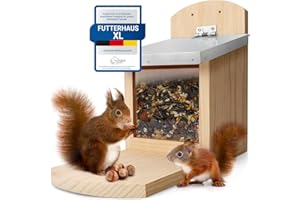 WILDLIFE HOME Mangeoire pour écureuils XL avec toit en métal I Mangeoire en bois massif vissé I Résistant aux intempéries et non traité I Maison pour écureuils