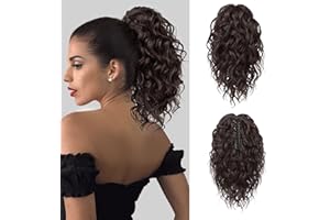 ‎FLUFYMOOZ FLUFYMOOZ Ponytail Extension, 31CM kurze Klauen Pferdeschwanz Haarverlängerung, gewellte, lockige Pferdeschwanz mit Kinnclip, synthetische Perücken für Frauen Dunkel Schokoladenbraun