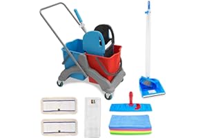 ‎HYPAFOL Hypafol Putzwagen Reinigungswagen Set | 2 x 25 l Eimer mit Wischmopp-Presse und Kehrgarnitur | inkl. 2X 50cm Baumwoll Wischmopp, 1x Mikrofaser-Mopp | je 4 Mikrofasertücher in rot, gelb, grün, blau