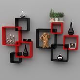 Wooden Twist Modern Wall Mounted Shelves Set – Red & Black Wooden Display Racks for Home Decor | Floating Storage Shelves for