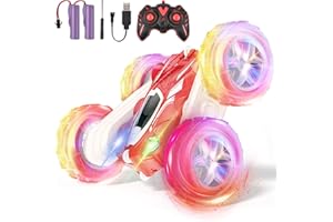 Carastek RC samochód zdalnie sterowany dla dzieci, dwustronny RC Stunt Auto 4WD 2,4 GHz, pilot zdalnego sterowania 360°, obracany RC, samochód offroad, ze światłami kół, z 2 bateriami do ponownego