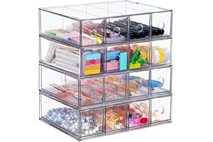 SUPAWAY Organiseur à tiroirs 4 pièces avec 16 compartiments Boîte empilable Organiseur de bureau avec tiroir amovible Boîte de rangement multifonction pour papeterie, moelle, bureau, lunette de soleil