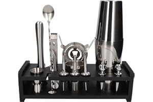 Whiskey Rocks 17-er Cocktail Shaker Set mit Schwarz Bambusständer - Cocktail & Bar Zubehör - Boston Shaker - Barkeeper Set - Bar Set - Cocktail Messbecher & Stößel - Barlöffel - Edelstahl - Silber