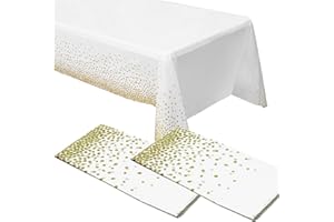 ZeriTlolen Table Cloth, White and Gold Dot Plastic Cloths for Parties, 54'' x 108'' Clothes Rectangle Tables, Disposable Decorative Waterproof Cover 2 Pack