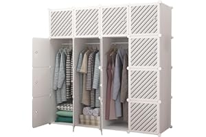 XOKOTAKI Armadio Componibile, Scaffalatura Modulare, Armadio Componibile Porta Abiti per Casa, Scaffale Portaoggetti per Camera da Letto, 16 Moduli, 3 Barre, 140x140 cm, Colore Bianco