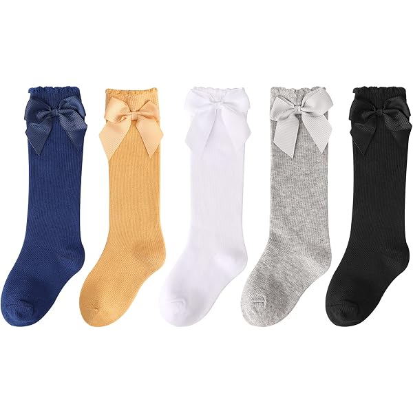 Lot 4 Paires Chaussettes Hautes Fille Nœud - Coton École 4-10 Ans Blanches Noires Grises Roses