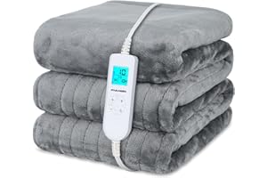 JERVAMNI Coperta Termica, Coperta Elettrica con Riscaldamento Rapido, Coperta Riscaldata in Pile 10H Timer e 10 Livelli di Temperatura, Spegnimento Automatico, Flanella Tessuto Morbido, Lavabile in Lavatrice