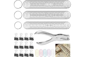 LXBCTOP 110 sztuk pierścieni do segregatora, 20 25 30 MM pierścienie do luźnych kartek, metalowe pierścienie z 1 dziurkaczem 12 składanych klipsów, metalowe segregatory do fiszek breloków kart