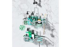 SWTYMIKI Hanging Shower Caddy Organiser - 2-Tier Stainless Steel Shower Shelf Hanging, No Drilling Installation, Batnroom Shelf Organiser with Razor & Soap Holder for Bath Balls, Brushes, Shampoo