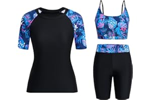 Owntop Womens 3-Piece Rash Guard | UPF50+ UV Swim Shirt | Short Sleeve Rashguard Shirts & Bikini Top & High Waist Boyshorts | Modest Swimwear Swimsuits | Swimming Surfing