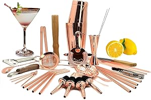 SKY FISH Shaker per Cocktial, 32 Pezzi Set da Boston Shaker, Kit da Barman Premium per Casa e Bar, Set Completo da Barista Placcato in Rame, Lavaggio a Mano