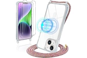 Vauki Funda para iPhone 14/13 con Cuerda, con Vidrio Cristal Templado, Compatible con MagSafe, Transparente Magnético Carcasa con Colgante Colgar Collar Correa de Cuello Cordón, Arcoíris