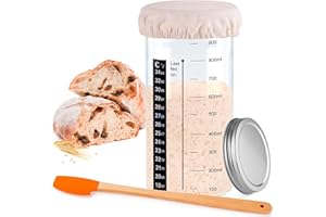 E&Woma Kit de démarrage au levain, pot de 1 000 ml avec thermomètre, bande de date d'alimentation, racloir, couvercle en tissu et couvercle en métal pour la cuisson au levain