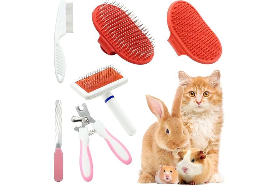 Crafterlife 6pcs Rabbit Bunny Grooming Kit with Brushes for Shedding, Pet Shedding Comb, Pet Nail Clipper, Grooming Slicker Brush, Glove Needle Massage Grooming Comb for Hamster, Guinea Pig (Red)