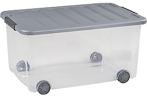 ALLIBERT CURVER Boîte de Rangement à Roulettes Scotti 50L - Pour Ranger toute la Maison, le Garage - 58,9 x 38,8 x 30 cm - Transparent/Gris
