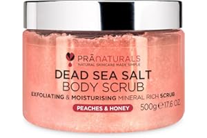 PraNaturals Exfoliante Corporal de Sal del Mar Muerto 500g Body Scrub de Sales para Nutrir la Piel, Rico en Minerales Naturales para Todo Tipo de Piel (Melocotón y Miel)