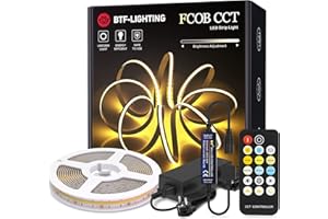 BTF-LIGHTING FCOB COB CCT 24V Kit Flexible Alta Densidad 640LEDs/m 5M Controlador RF Regulable Sintonizable CT 2700K-6000K CRI>90 Tiras de LED para Dormitorio Cocina Hogar Interior con Adaptador