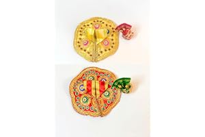 Set Of 2 Handcrafted Laddu Gopal Dress Combo Set of 2 (Golden Yellow & Red) – Value Saver Pack with 2 Matching Pagdi Mukut | Heavy Zari & Stone Work Kanha Ji Poshak (Size 1-2)