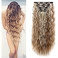 Cybelleza Hair Extensions Clip in Ombre Long Curly Clip in Hair Extension Wavy 6PCS 20" Full Head Hairpieces Synthetic Fibre for Women, Light Brown/Blonde